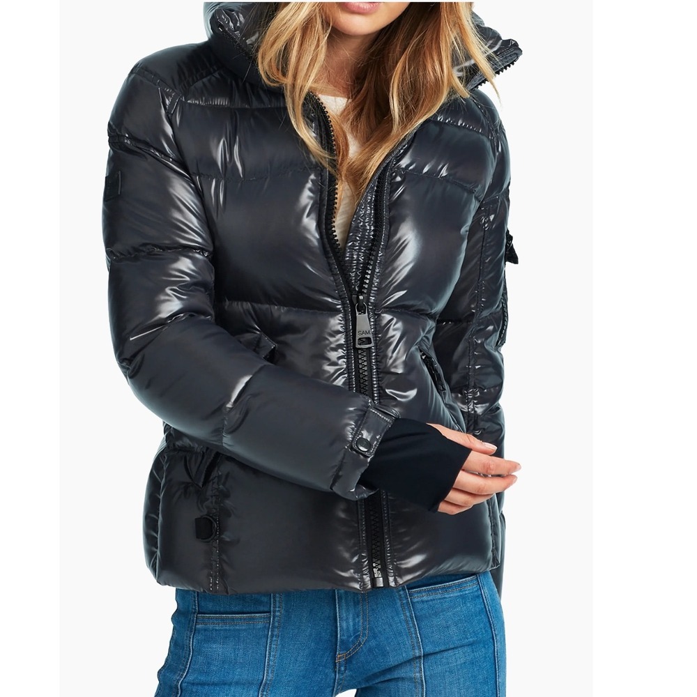 SAM New York Freestyle High Shine Gloss Black Down‎ Puffer Jacket Women's XL Y2K
